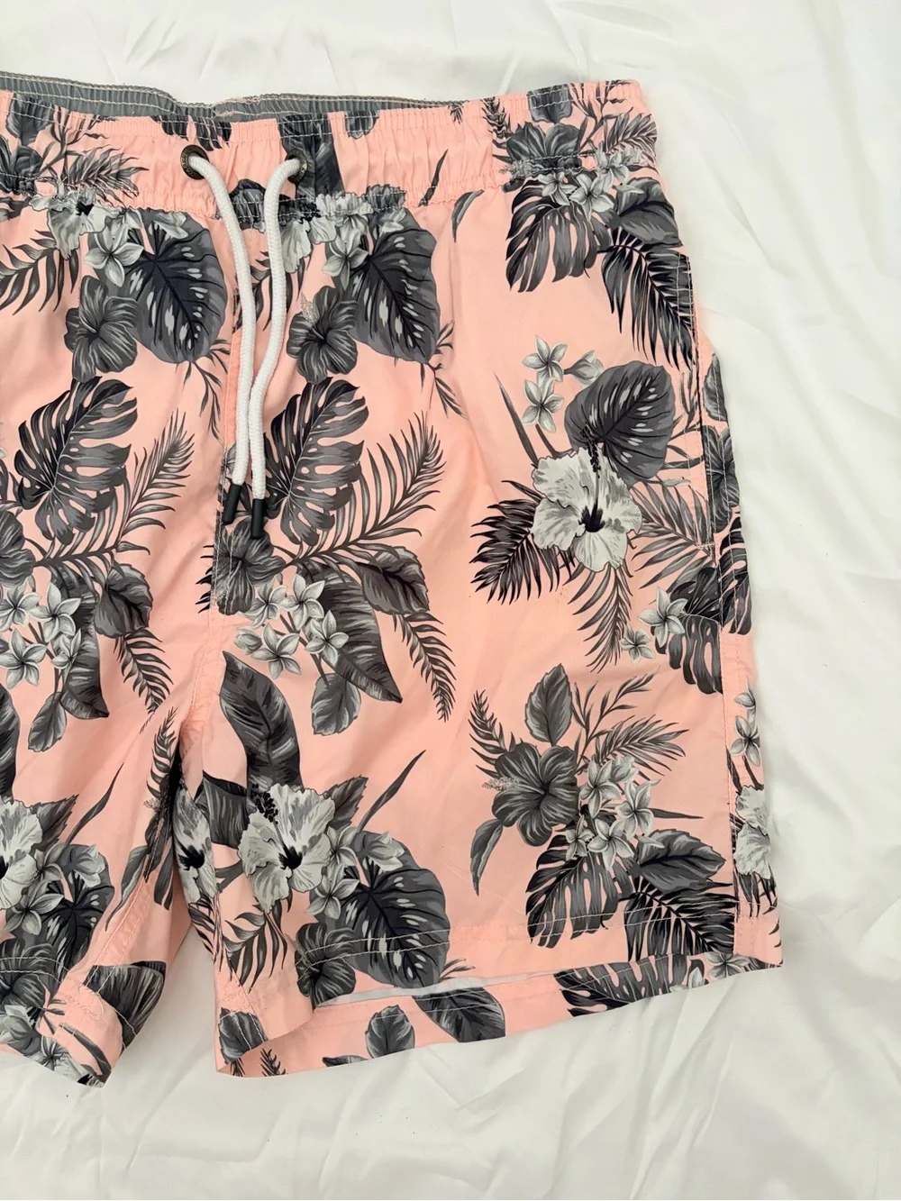 Men's Pink Tropical Floral Swim Trunks with Black Print